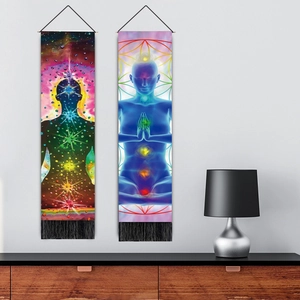 Bohemian meditation wall hangings with colorful chakra energy patterns and black tassels