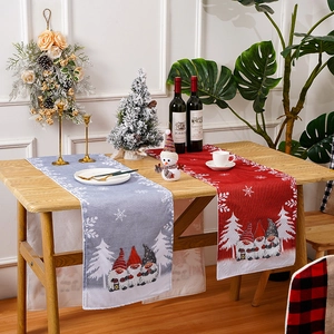 Holiday Christmas table runners with cute gnome forest design for home and restaurant decor.