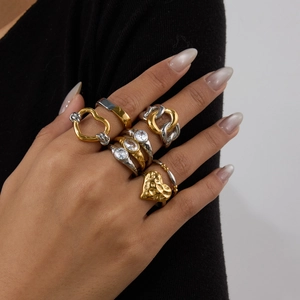 Two-tone 18K gold and silver stainless steel rings set with zircon and heart motifs