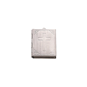 Polished silver 316L stainless steel book-shaped locket pendant with engraved cross design