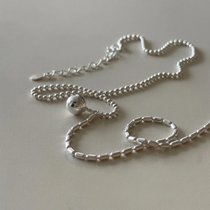 Minimalist 925 sterling silver beaded necklace with polished sphere pendant and S-clasp