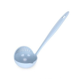2-in-1 long handle light blue soup ladle with integrated strainer holes for hot pot