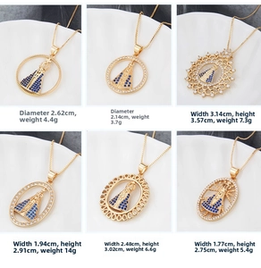 Tableau des tailles des pendentifs Vierge Marie dorés avec zircons bleus et dimensions