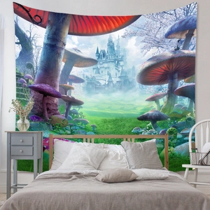 Detailed fantasy tapestry featuring a white castle with giant mushrooms and cherry trees