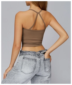 Back view of brown halter open-back yoga tank top showing elastic quick-dry fabric