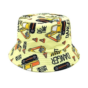 Detailed view of kids bucket hat with excavator prints and durable reinforced stitching