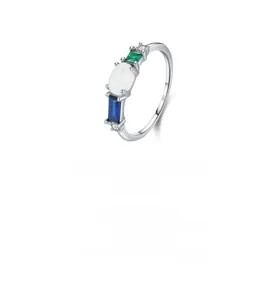 Detail of S925 sterling silver ring featuring white opal and emerald-cut stones