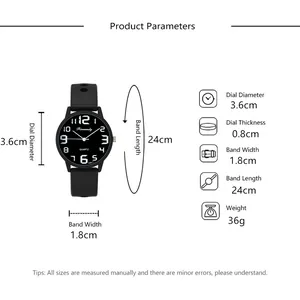 Detailed size chart for the silicone sports watch showing case and band dimensions