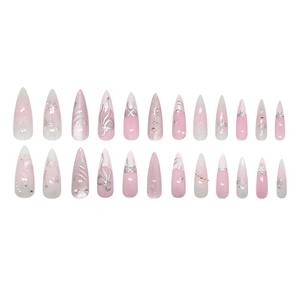 Cat eye star glisten heart bow almond press-on nails in pink white gradient set