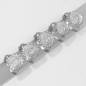 Detail view of silver coin-style alphabet rings P R S Q T on a minimalist white pedestal