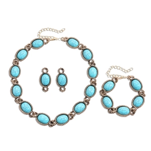 Bohemian turquoise resin necklace bracelet and earrings set with vintage bronze metal frame