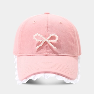 Pink baseball cap with pearl bow and white lace trim for women in sweet style