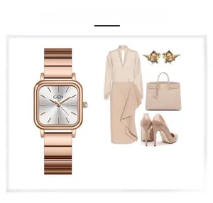 Detailed view of square rose gold watch with matching beige dress and accessories