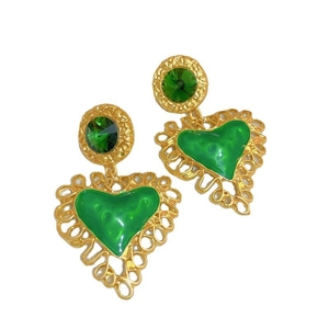 Vintage green enamel heart earrings with gold alloy frame and rhinestones for women