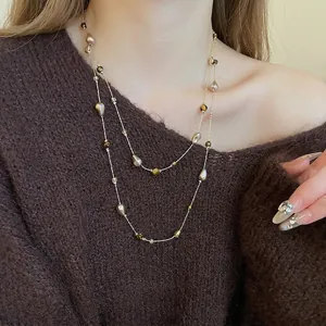 Double-layer 18k gold plated necklace with tiger eye stones and teardrop pearls