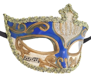 Detail of blue and gold Venetian half-mask featuring musical staff patterns and sequins
