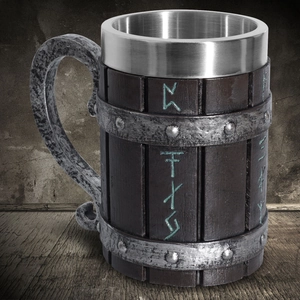 Viking style wooden barrel beer tankard with stainless steel liner and runic symbols