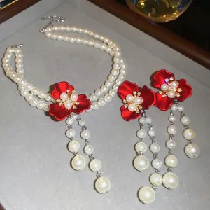 Elegant red flower pearl jewelry set with double layer necklace and tassel earrings