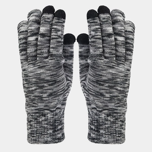 Detail of space-dye knit gloves with conductive touch screen fingertips and ribbed cuffs