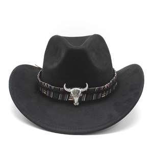 Western Cowboy Hat Suede Polyester Felt Wide Brim Vintage Ethnic Style With Steer Skull Metal Ornament For Men Women