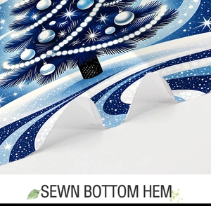 Detail of the sewn bottom hem on the high-quality blue floral Christmas shower curtain