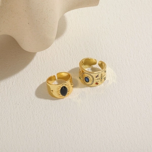 Retro 14K gold plated open rings set with black agate and bohemian colorful zircon