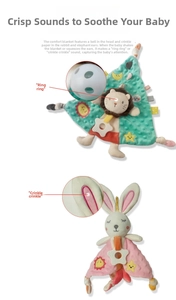 Detail of baby soothing towel showing textured fabric, teether and built-in bells