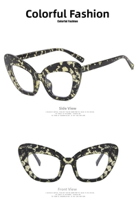 Detail view showing cat eye frame with black and gold marble pattern from two angles