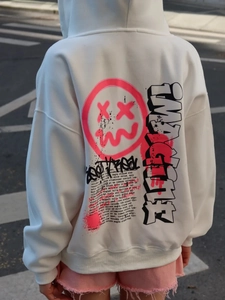 Women Zip Up Hoodie Cotton Blend Oversized Fleece Thickened Sweatshirt Graffiti Smile Face Streetwear Casual Jacket