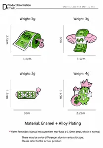 Detail view of four creative money-themed enamel pins with sizes and weight specs