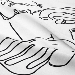 Close-up of high-quality polyester fabric showing minimalist black line art on white