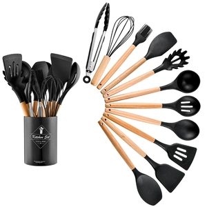 Detailed 12-piece black silicone and wood kitchen utensil set with storage bucket