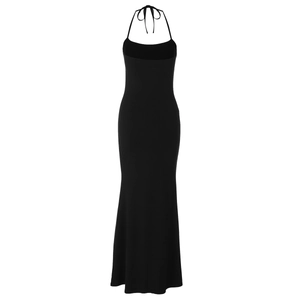 Detail of the slim fit black halter neck maxi dress with a minimalist backless design