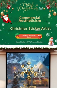Detail of gold and silver snowflake window decals with Merry Christmas lettering