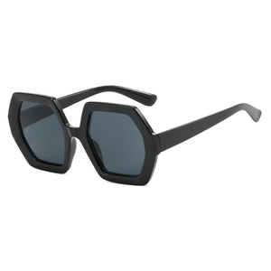 Women's trendy black hexagonal oversized sunglasses with dark lenses for fashion