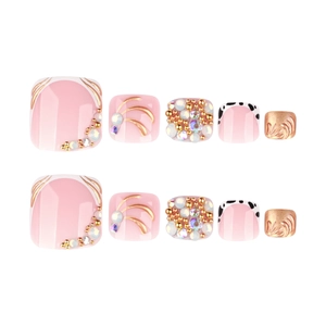 Französisches Kunstnagel-Set für Zehen mit Perlen, Strass und rosa Kuhmuster