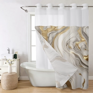 Detail of waterproof marble shower curtain with metal eyelets for bathroom decor