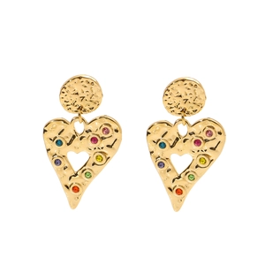 Gold double-layered heart drop earrings with colorful crystals and hammered texture surface