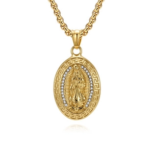 Macro shot of gold Saint Michael shield pendant with sparkling crystals and curb chain