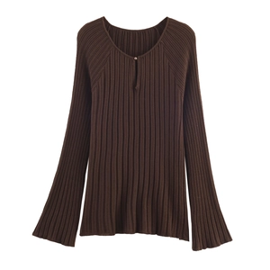 Slim fit dark brown ribbed knit top with long flared sleeves and collar button detail