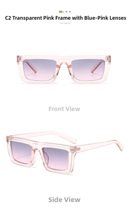 Detail view of translucent pink square sunglasses with blue-pink gradient lenses