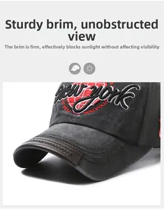 Detailed view of New York embroidery and premium leather brim on washed baseball cap