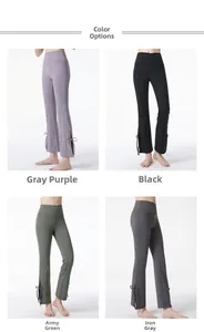 Color display of flare yoga pants with side slits and bow ties in four distinct shades