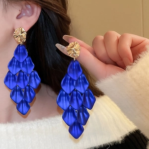 Royal blue layered petal tassel earrings with gold irregular metal studs for women