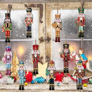 Detailed view of colorful wooden nutcracker soldier ornaments for Christmas tree decoration