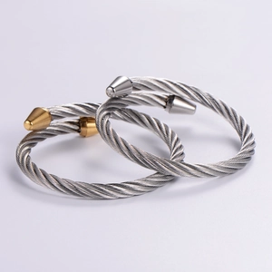 Adjustable 6mm steel cable cuff bracelets with smooth silver and gold tapered end caps