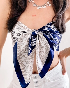 Deep blue paisley satin square scarf styled as a chic crop top with high-gloss finish
