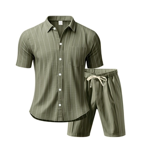 Detail of olive green striped linen shirt and shorts with drawstring elastic waistband