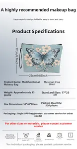 Linen makeup bag detail showing 17x25cm dimensions and realistic butterfly floral prints