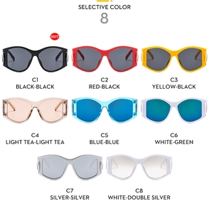 Matrix display of eight colorful Y2K oversized sunglasses with thick frame temples